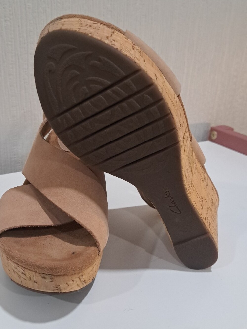 Clarks Ladies Tan Cork Wedge Sandals - Slingback Suede Comfort Heels - Picture 4 of 6